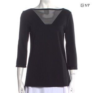 St. John Bateau Neckline Wool Blend Sheer Panels 3/4 Sleeve Black Top, Small